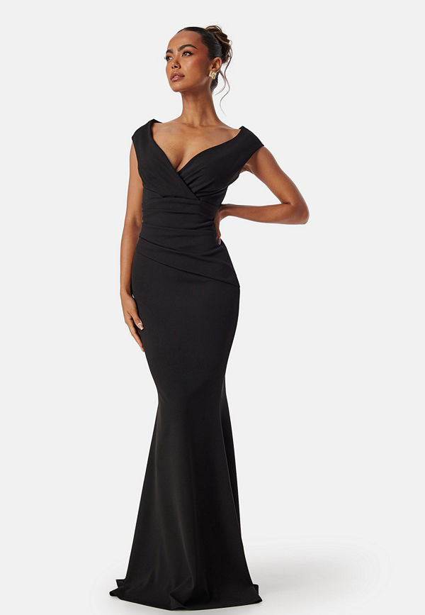 Goddiva Bardot Pleat Maxi Dress Black