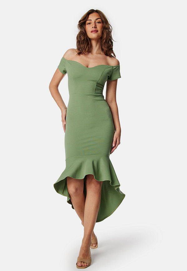 John Zack Off Shoulder Frill High Low Dress Sage Green