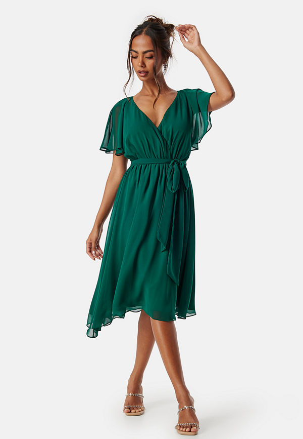 Goddiva Flutter Chiffon Midi Dress Green