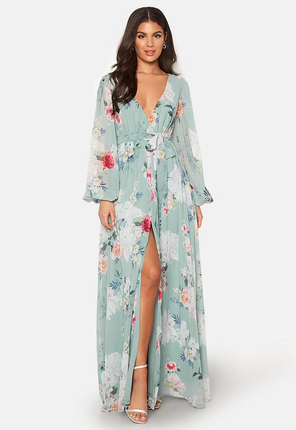 Goddiva Floral Long Sleeve Chiffon Maxi Dress Green
