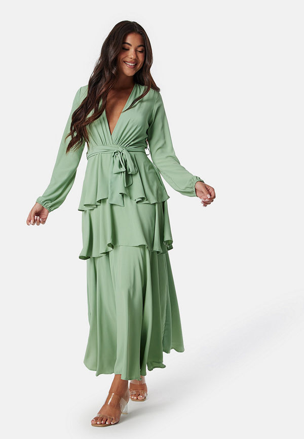 John Zack Long Sleeve Tiered Maxi Dress Sage Green
