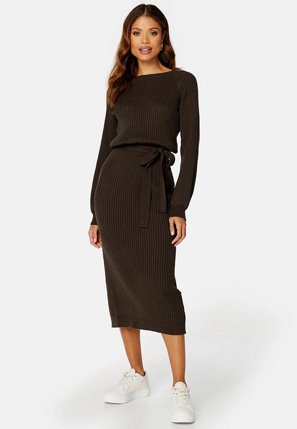 Bubbleroom Round Neck Rib Knitted Midi Dress  Brown