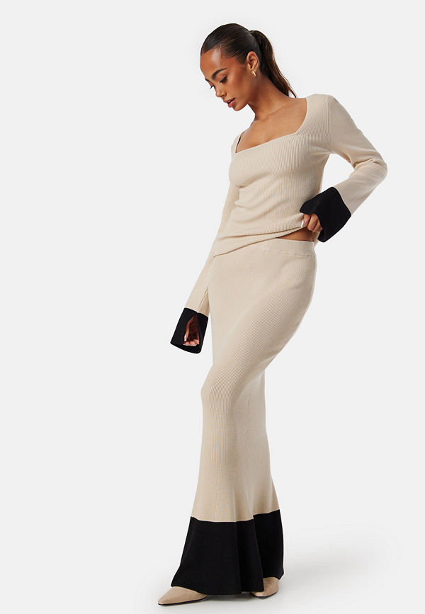 Bubbleroom Contrast Rib Knitted Skirt Light beige