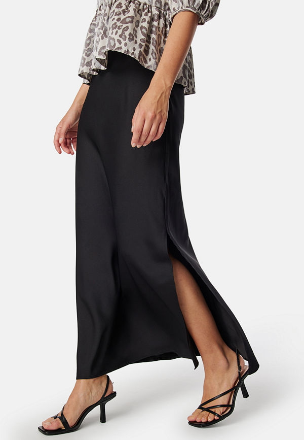 Bubbleroom Slit Satin Maxi Skirt Black