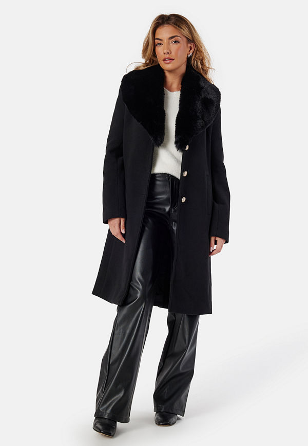 Chiara Forthi Fur Collar Wool Blend Coat Black