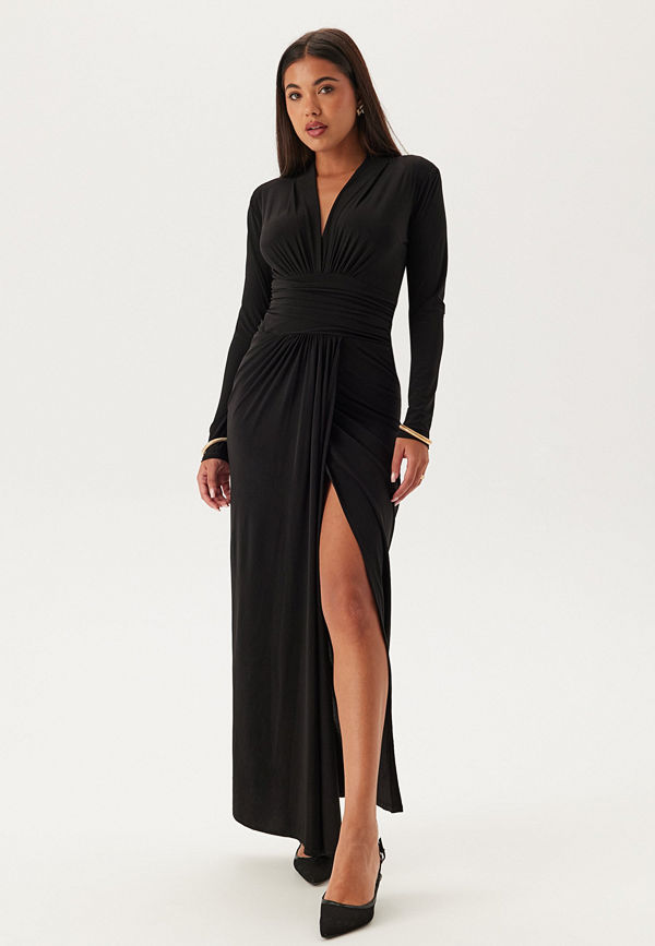John Zack Deep V Wrap Front Maxi Dress Black