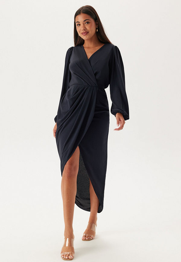 John Zack Balloon Sleeve Wrap Front Maxi Dress Navy