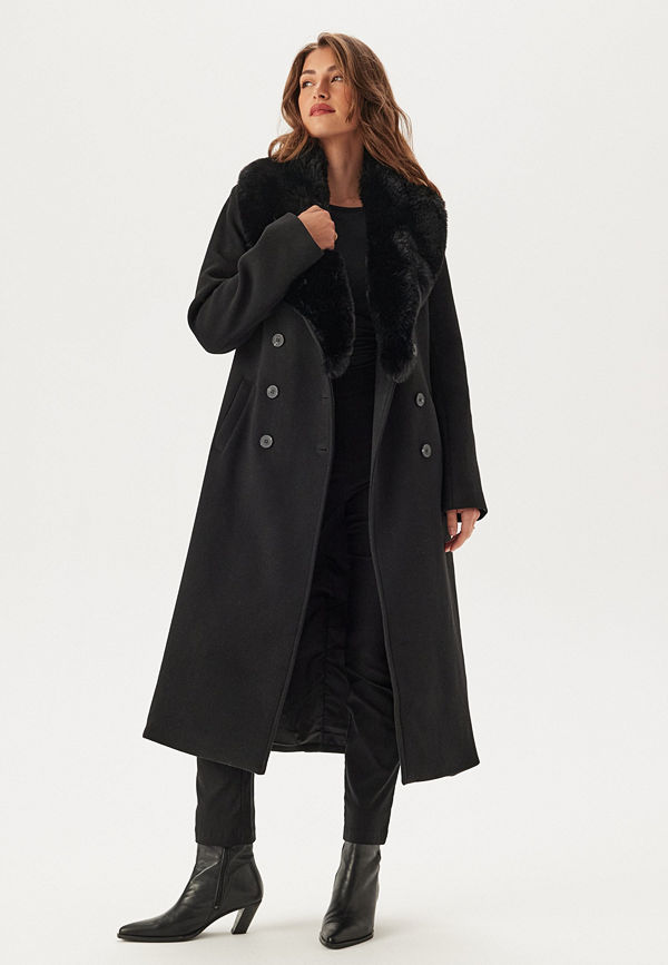 Chiara Forthi Fur Collar Belted Wool Blend Coat Black