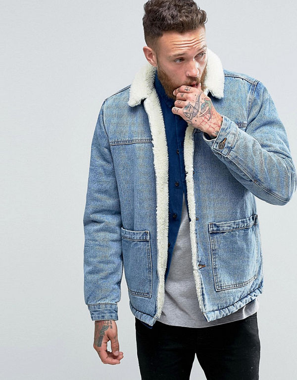 ASOS Borg Lined Denim Jacket in Blue Wash