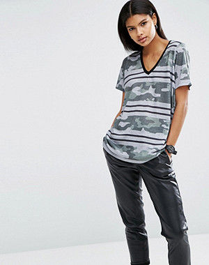 ASOS T-Shirt In Camo And Stripe Print