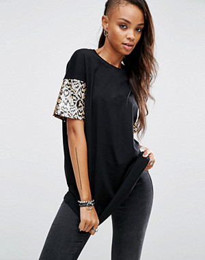 ASOS T-Shirt With Animal Sequin Sleeve