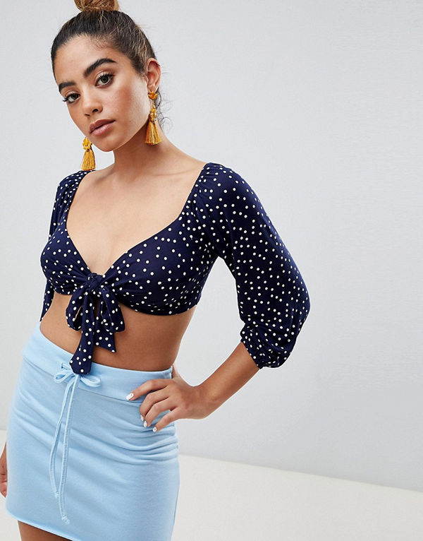 Boohoo Randig Kort Topp Med Knytband Fram Marinbla Modegallerian