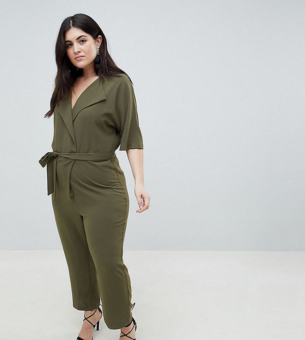 ASOS Curve Omlottjumpsuit med knytskärp Oliv
