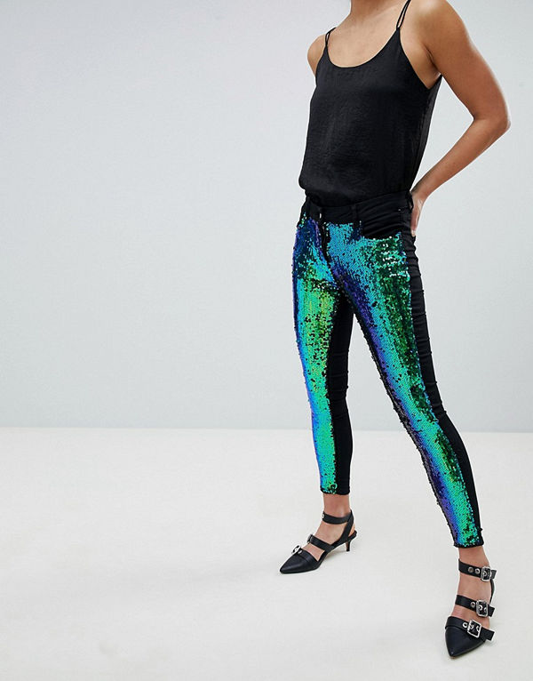 Parisian Smala festivaljeans i iriserande paljetter Charcoal / green