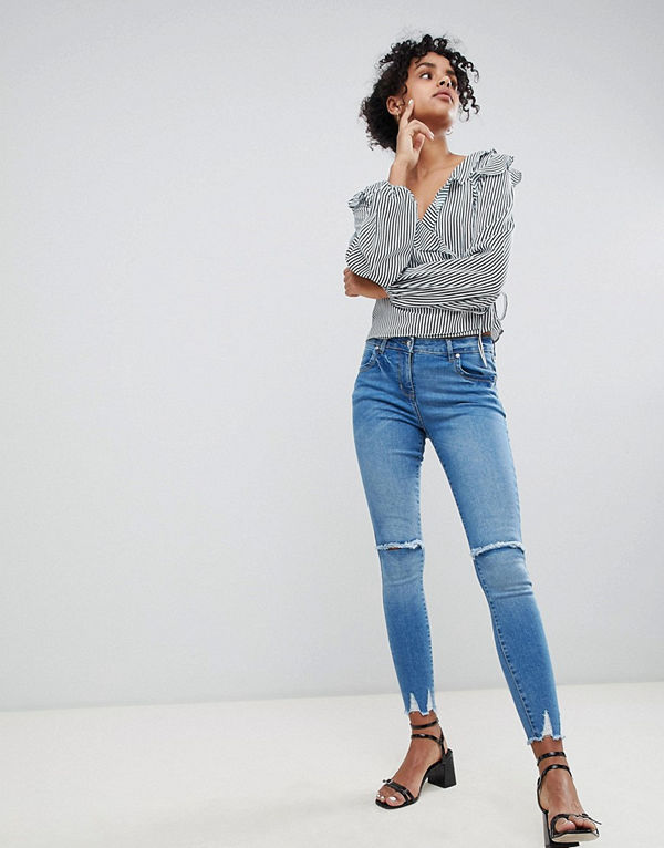 Parisian Skinny jeans med slitna knän Mellanblå