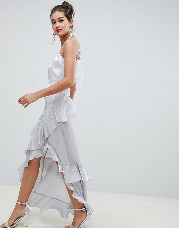 ASOS DESIGN Maxikjol i jacquard med spetsinslag och blandat prickmönster Blekblå