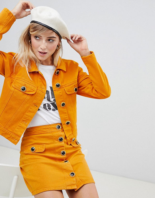 ASOS DESIGN Senapsgul jeanskjol med knappar