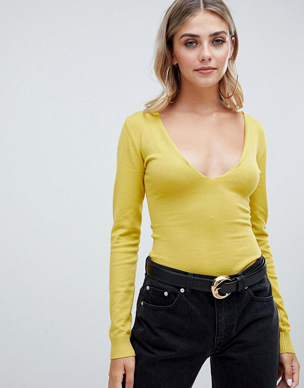Missguided Stickad urringad bodysuit Mustard senapsgul