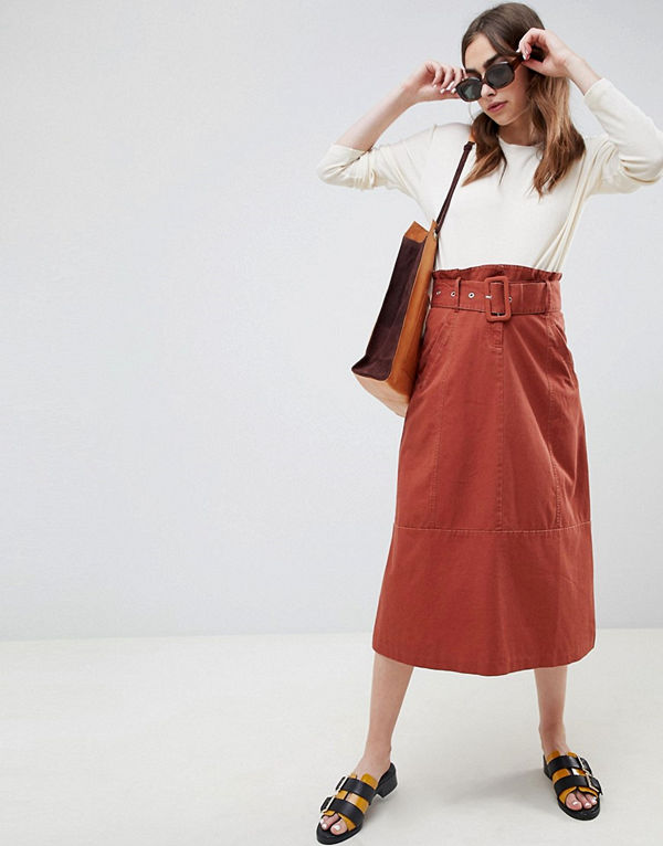 ASOS DESIGN Midikjol i funktionsstil med rynkad midja Rostfärgat