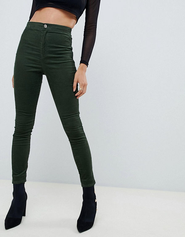 ASOS DESIGN Rivington Khakifärgade manchesterbyxor med hög midja Kakifärgad