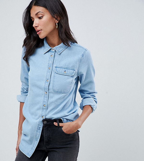 Asos Tall Mellanblå denimskjorta med ficka Blå tvätt