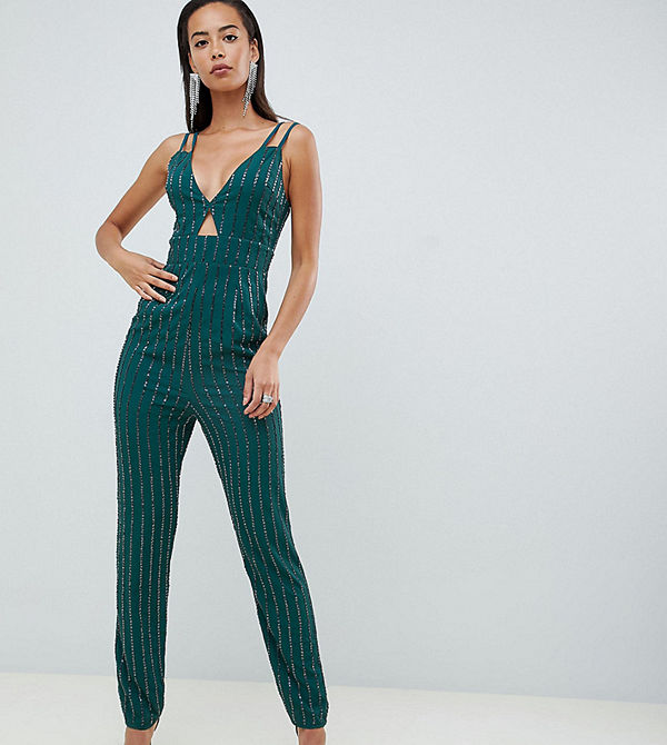 Asos Tall Jumpsuit med smala axelband och pegben och utsmyckning Tealblå