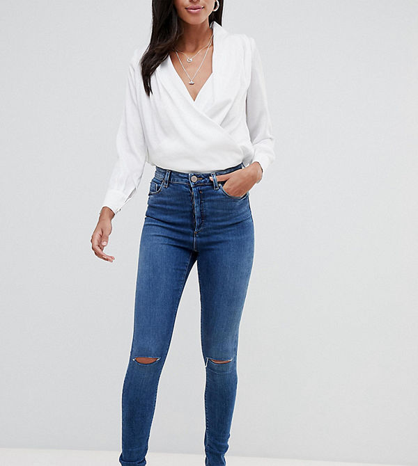 Asos Tall Ridley Mörktvättade slitna skinny jeans med hög midja Extreme dark wash bl
