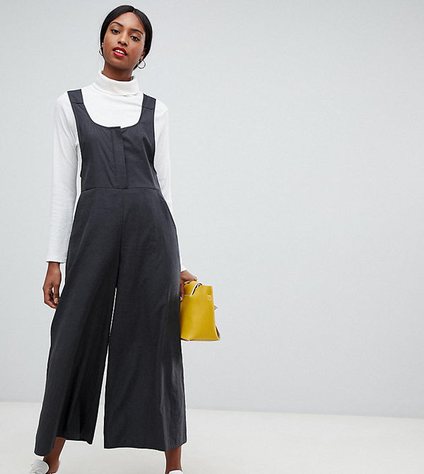 Asos Tall Minimalistiska hängselbyxor med rund halsringning Kolfärgad