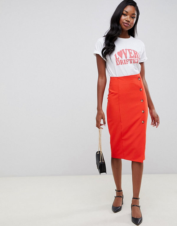 Miss Selfridge Röd pennkjol med knappar