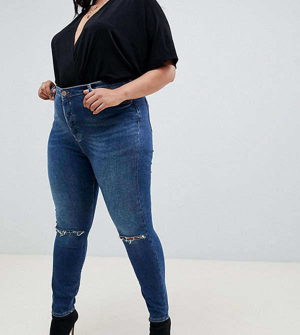 ASOS Curve Ridley Mörkblå stentvättade skinny jeans med hög midja