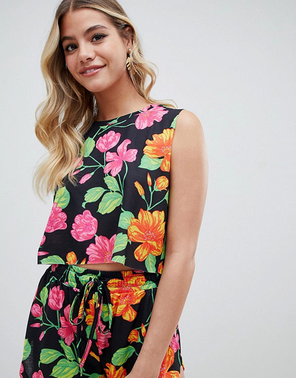 ASOS DESIGN Kort strandtopp i jersey med tropiskt mönster i neon