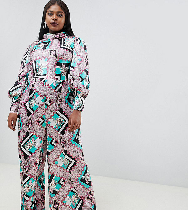 ASOS Curve Jumpsuit med hög krage och blusärmar med blandat blommönster