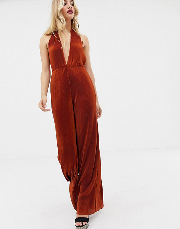 ASOS DESIGN Veckad jumpsuit med djup urringning med halterneck Rostfärgat