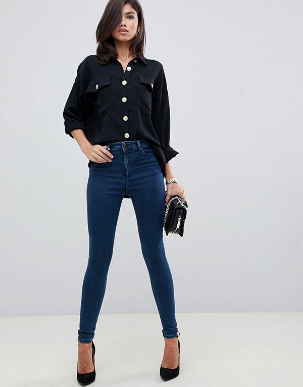 ASOS DESIGN Ridley Mörkblå skinny jeans med hög midja Mörkt blågröna