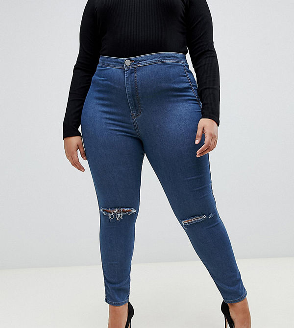 ASOS Curve Rivington Mellanblå jeggings med hög midja och revor på knäna Stentvätt