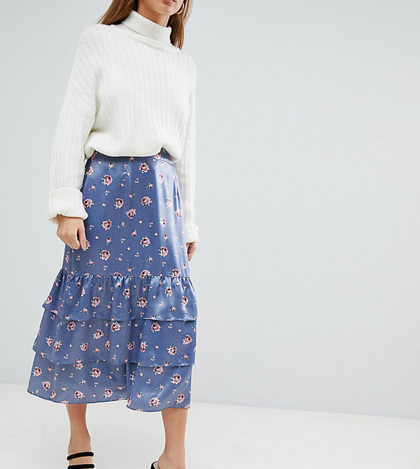 Fashion Union Petite Blommig midikjol Steel floral