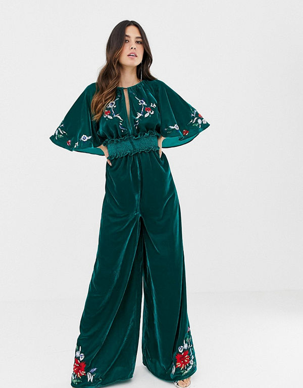 ASOS DESIGN Jumpsuit i sammet med kimonoärmar och broderi