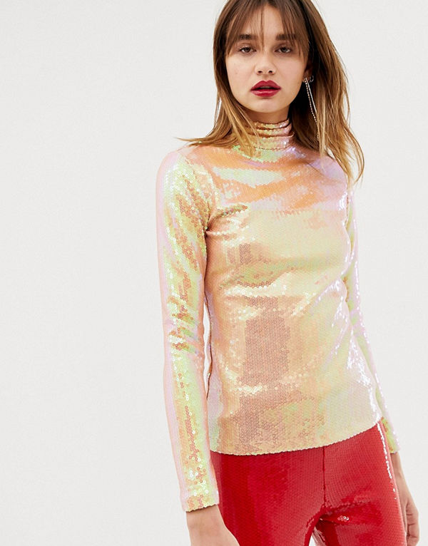 Warehouse X Ashish Rosa topp med ståkrage och paljetter Nude