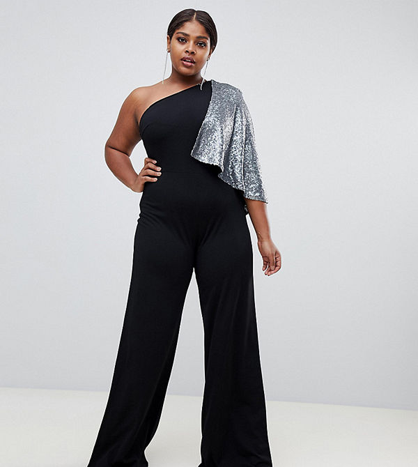 Club L London Plus Club L plus enaxlad jumpsuit med paljettprydda capeärmar Svart/vapengrå