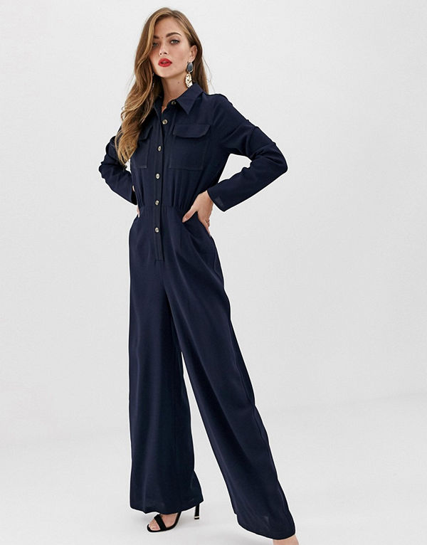 ASOS DESIGN Jumpsuit i skjortmodell med ficka framtill och dekorsöm