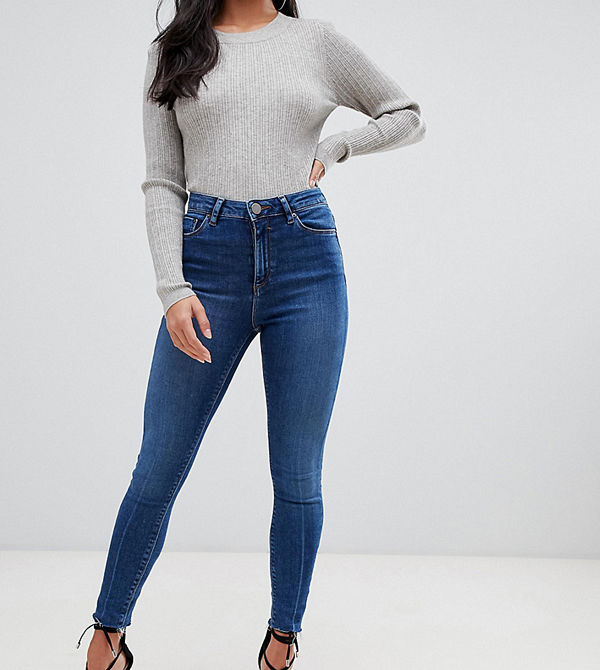 ASOS Petite Ridley Mörkblå stentvättade skinny jeans med hög midja och råskuren fåll Mörkt stenfärgad