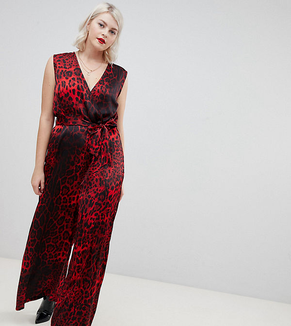 UNIQUE21 Hero Unique 21 röd leopardmönstrad v-ringad jumpsuit med knytbälte Rött leopardmönster