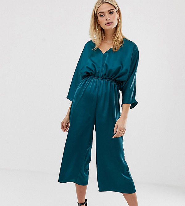 Missguided Tall Blågrön culotte-jumpsuit i satin med indragen midja
