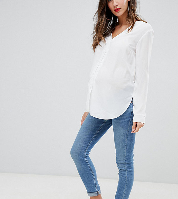 ASOS Maternity Ridley Blå stentvättade skinny jeans med hög midja och midjeband som går över magen Stentvätt