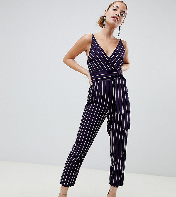 ASOS Petite Marinblå randig omlottjumpsuit