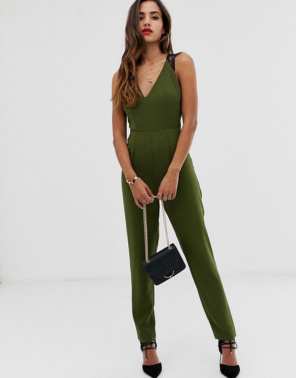 ASOS DESIGN Jumpsuit i peg-modell med spetsdetalj Kakifärgad