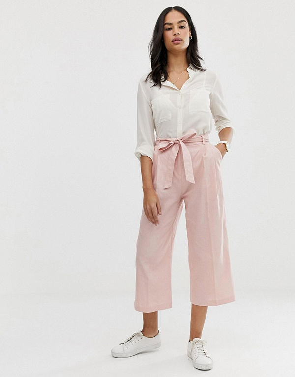 ASOS DESIGN Culotte-byxor i linnetyg med knytning i midjan Persikorosa