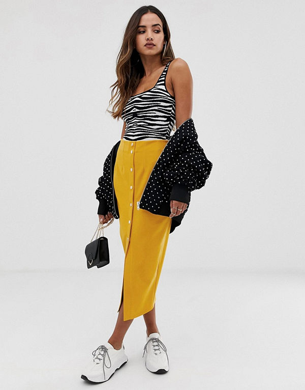 ASOS DESIGN Midikjol med hög midja och tryckknappar fram
