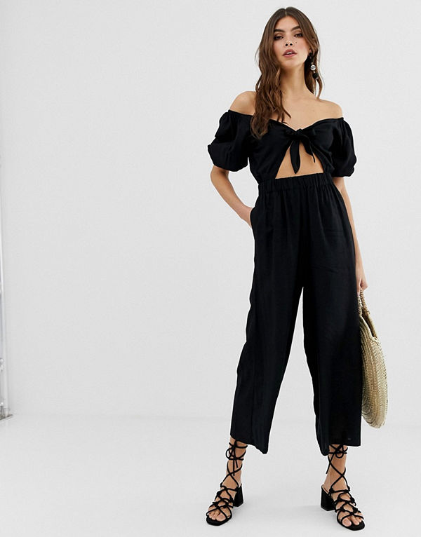 ASOS DESIGN Tea-jumpsuit med puffärm och knytdetalj Svart