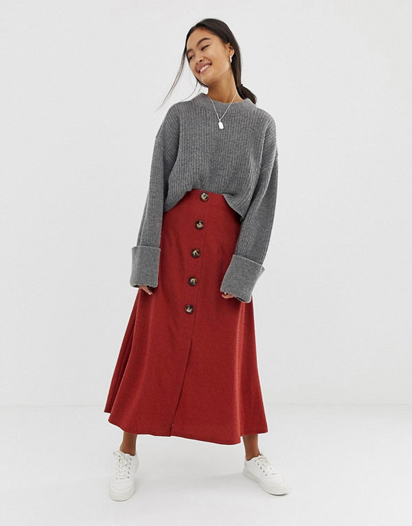 ASOS DESIGN Strukturerad midikjol med knappar framtill Rostfärgat